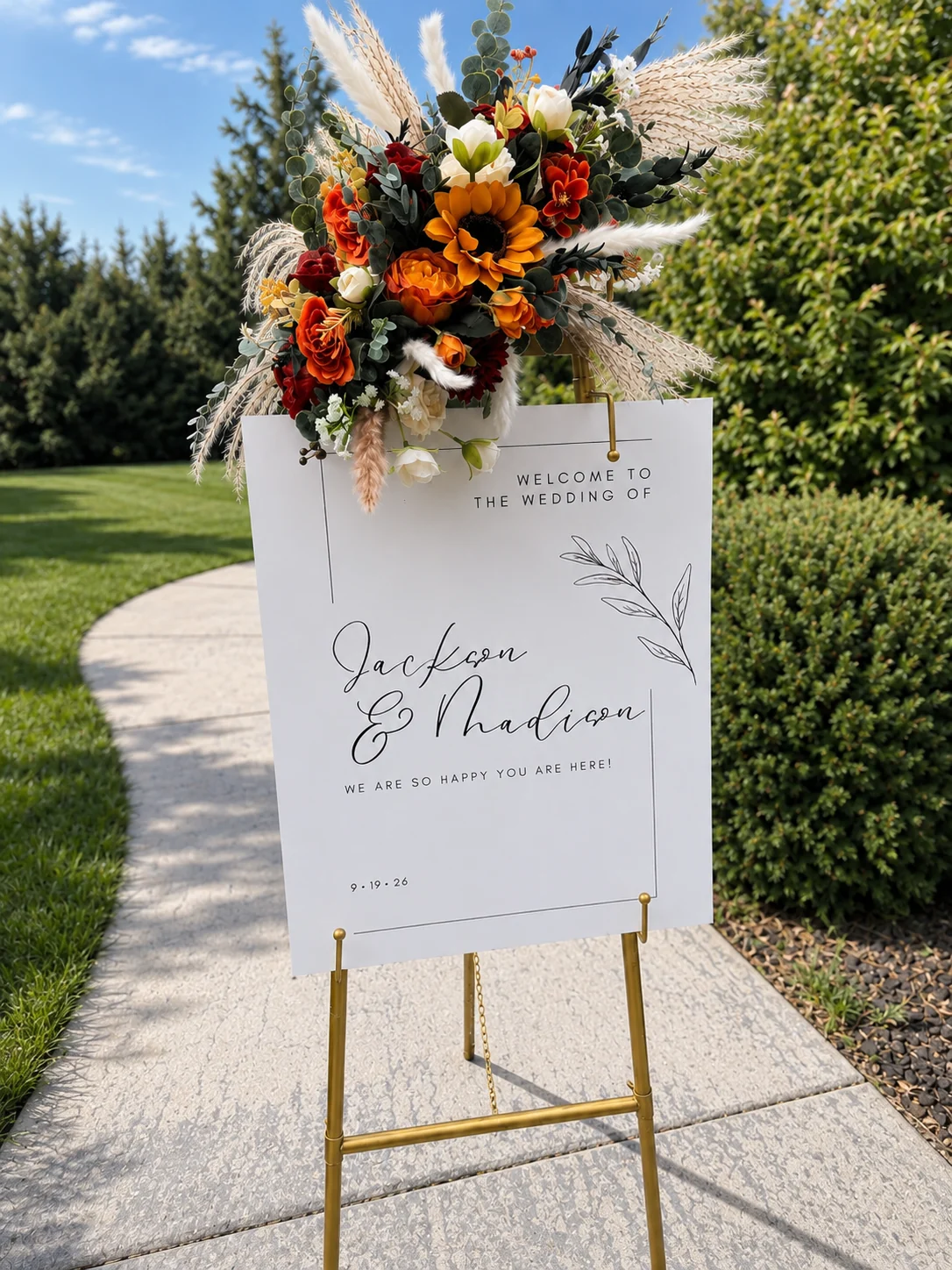 Custom wedding sign displayed on fully styled easel