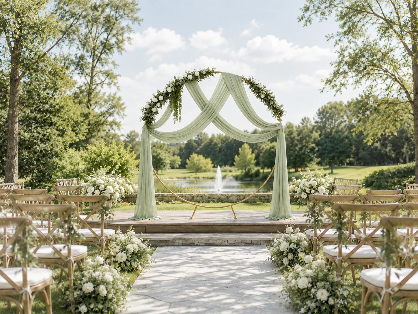 Green and white fully styled round arch at an outdoor wedding