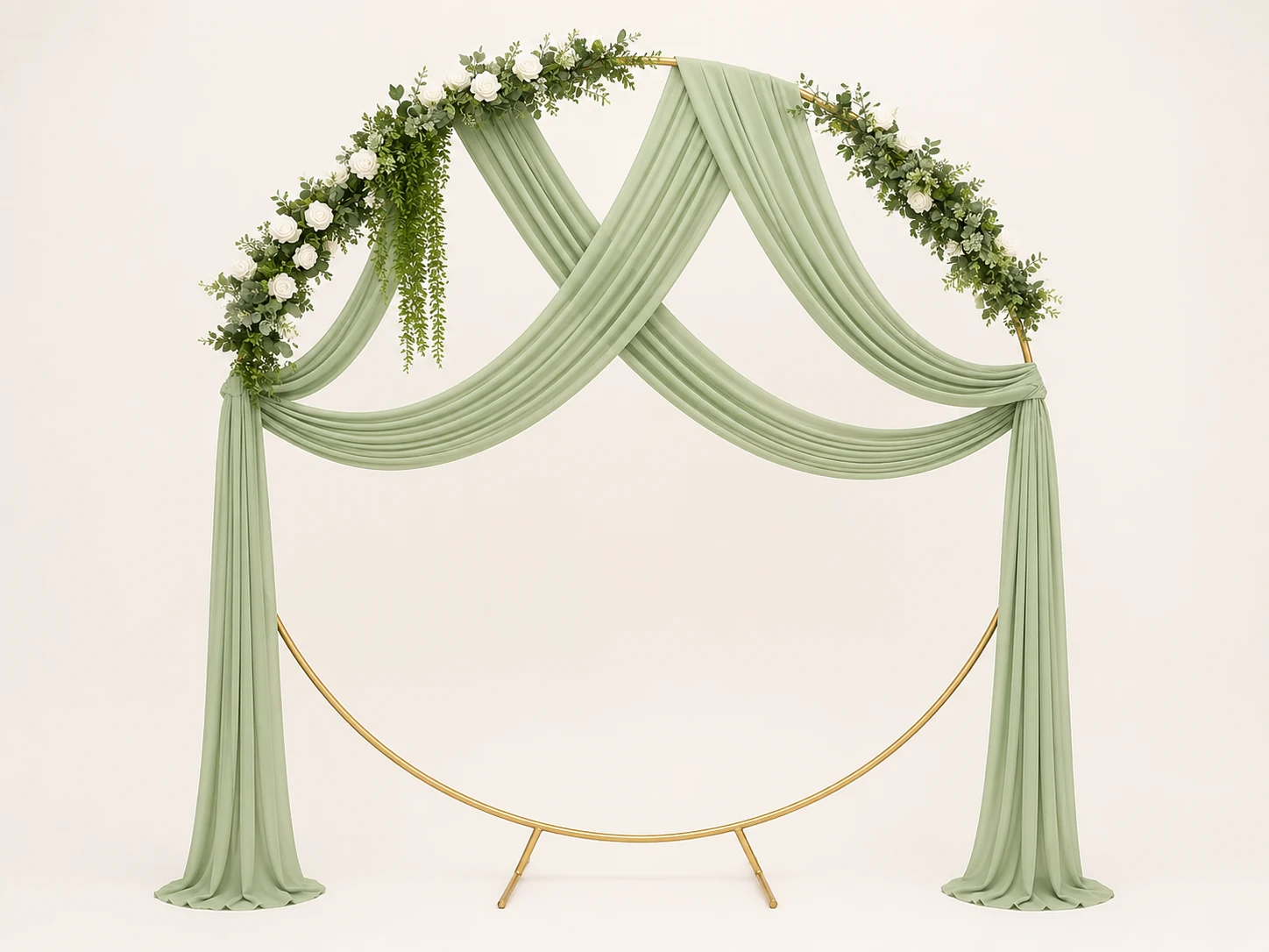 Green and white fully styled round arch with sage draping