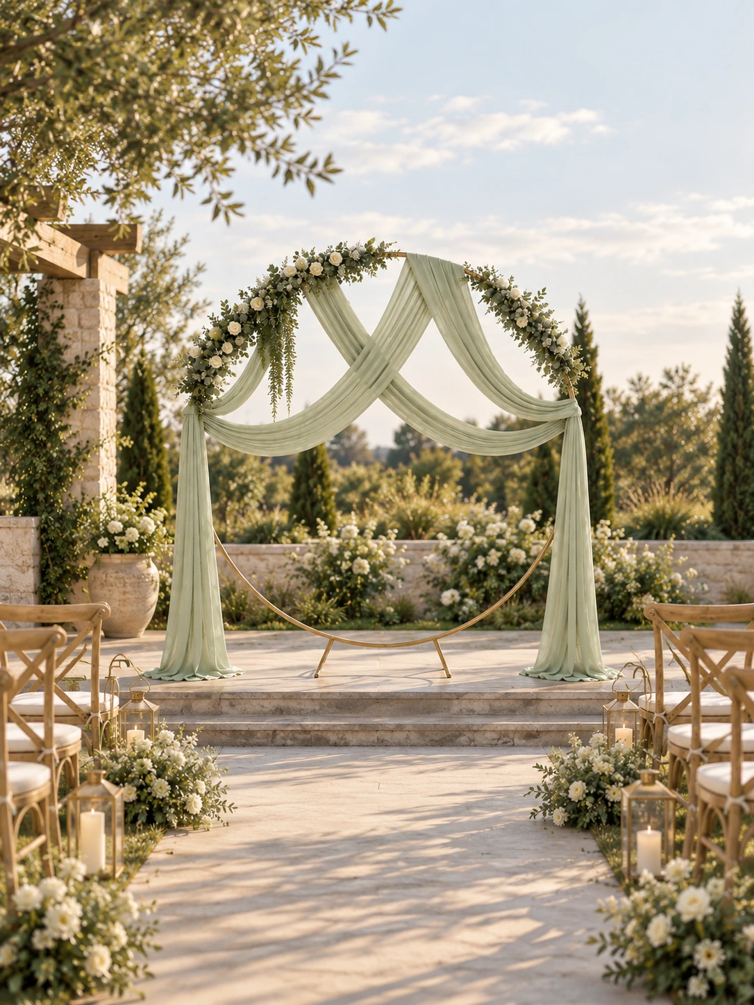 Fully styled green and white round wedding arch outdoors