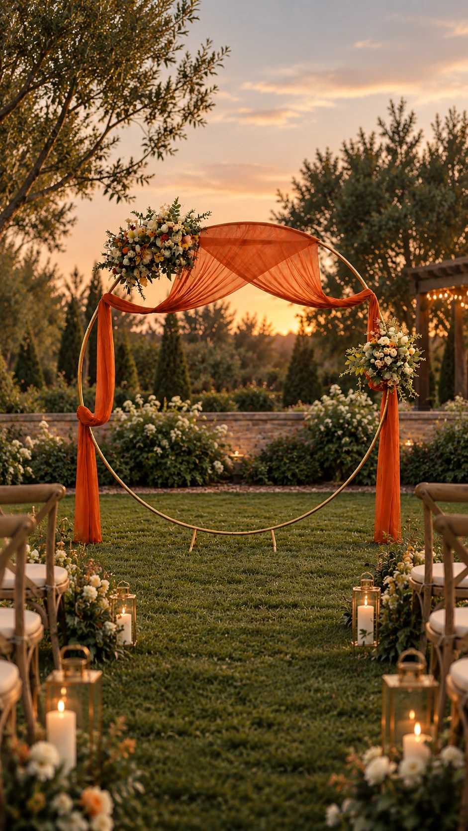 Fully styled round wedding arch with burnt orange draping and florals outdoors