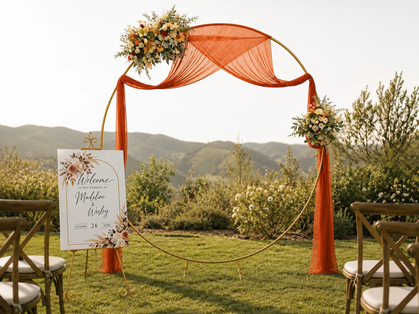 Round wedding arch with rust drapery