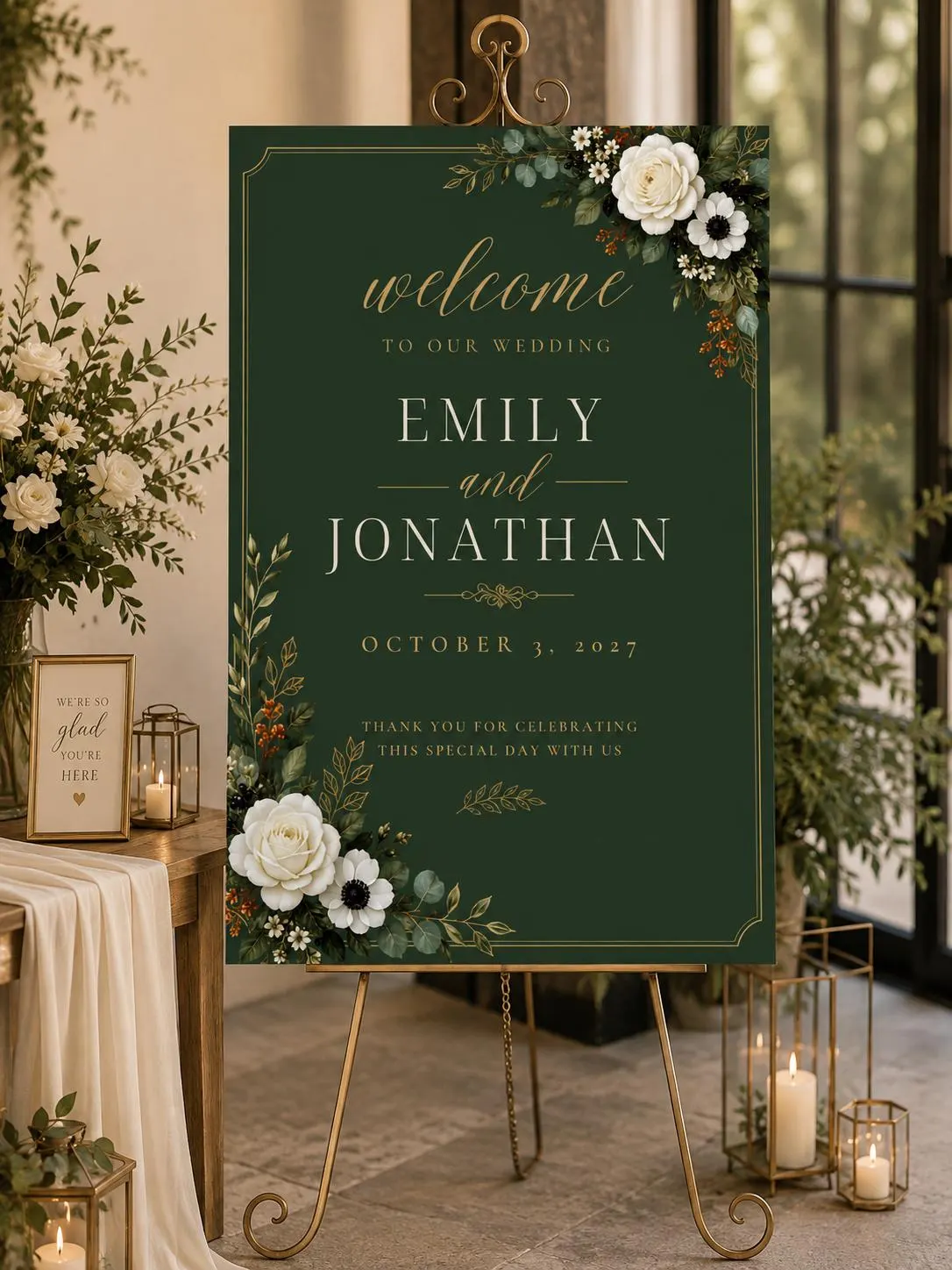 The Emilia dark green and gold custom wedding welcome sign