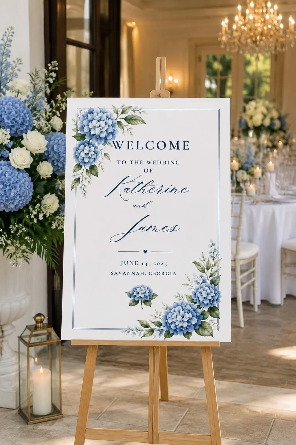 The Katherine blue hydrangea wedding welcome sign