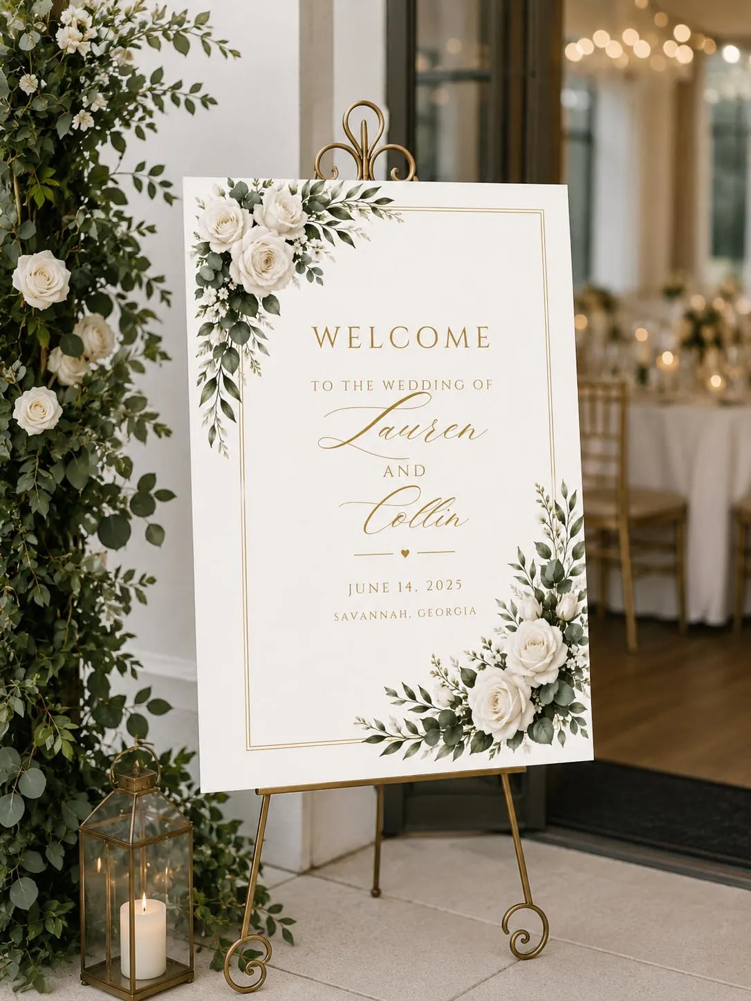 The Lauren white and greenery wedding welcome sign