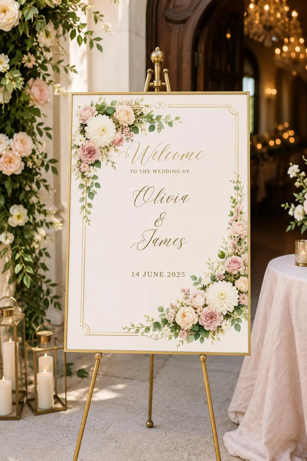 The Olivia blush floral and gold wedding welcome sign