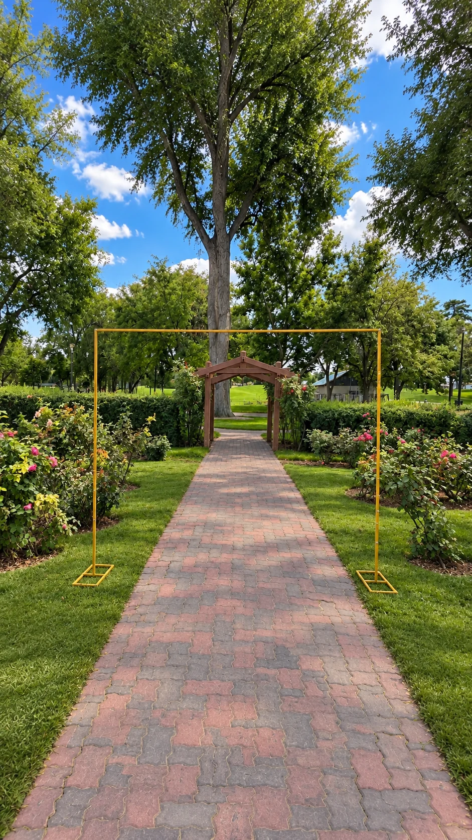 Bare gold square arch along a garden walkway