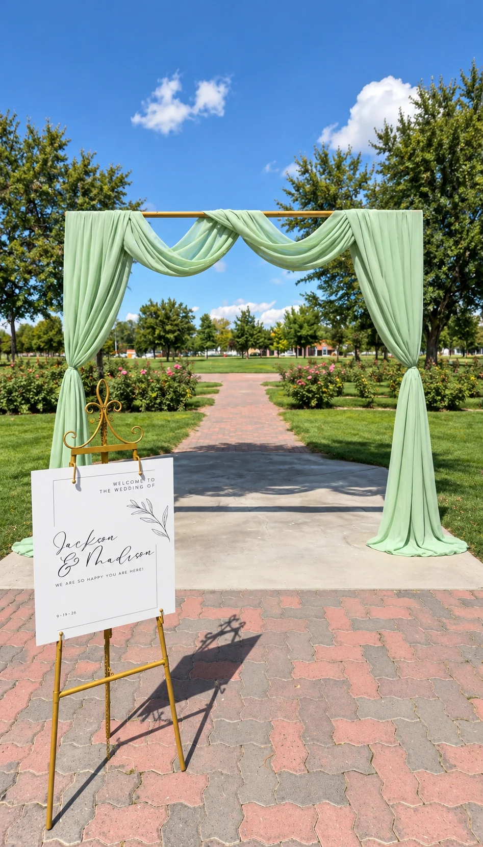 Gold square arch with sage green draping and no florals