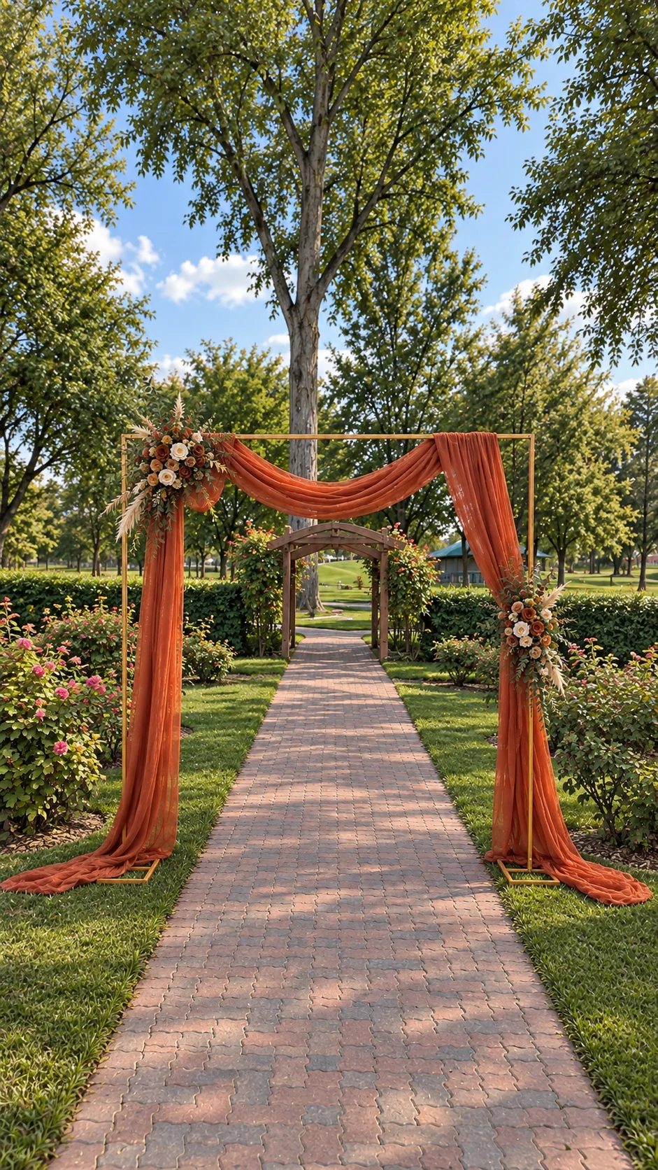 Gold square arch with burnt orange draping and floral accents
