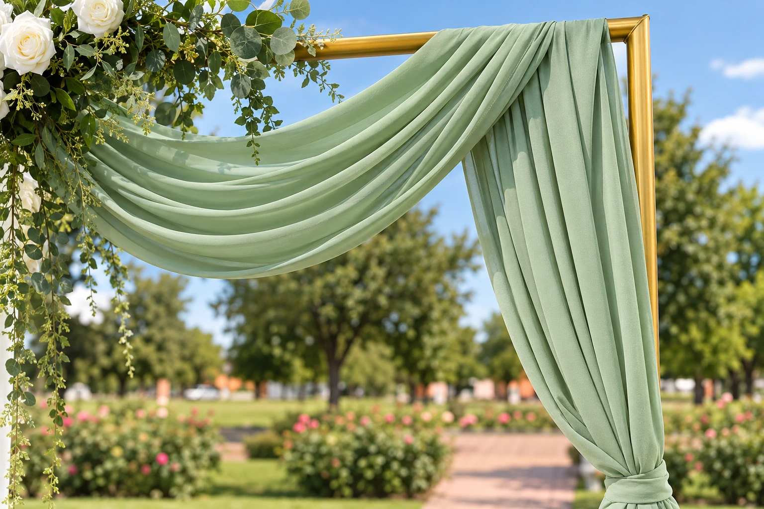 Close-up of sage green draping gathered over the corner of a gold square arch